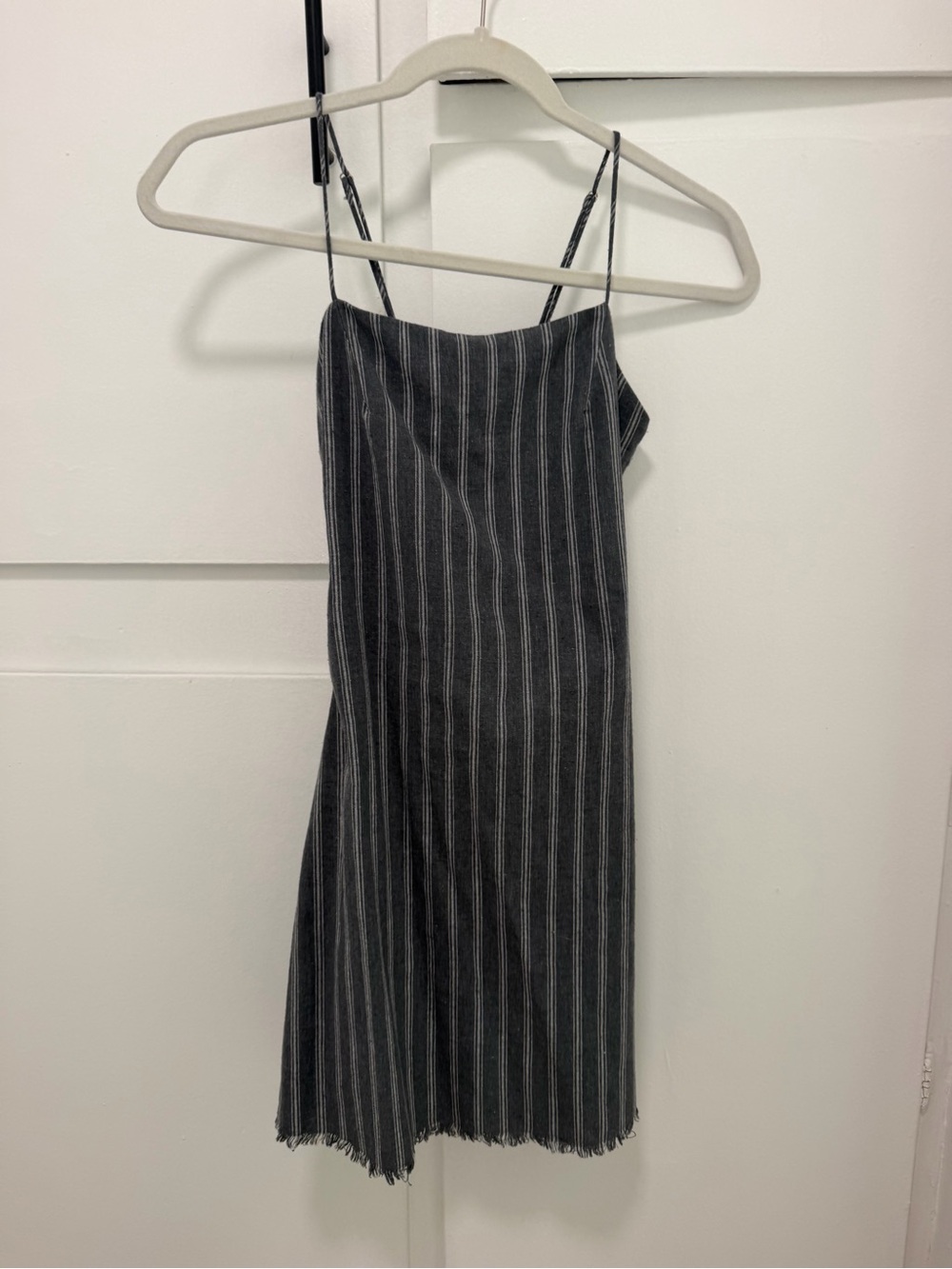 Striped Charcoal Slip Dress with Frayed Hem and Tie back